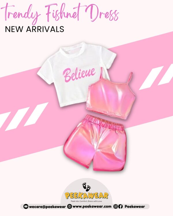 Girls Pink Fashion Set – Fishnet Letter Top, Neon Crop Top & Shorts | Street Style Summer Outfit