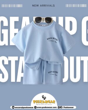 Boys Sky Blue Waffle Korean Style Short-Sleeved Suit – Summer Casual Knit T-Shirt & Shorts Set