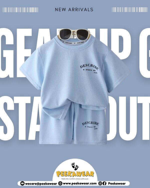 Boys Sky Blue Waffle Korean Style Short-Sleeved Suit – Summer Casual Knit T-Shirt & Shorts Set