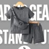 Boys Dark Grey Jacquard Alphabet Shorts, T-Shirt & Bag Set – Casual Knit Outfit for Spring/Fall