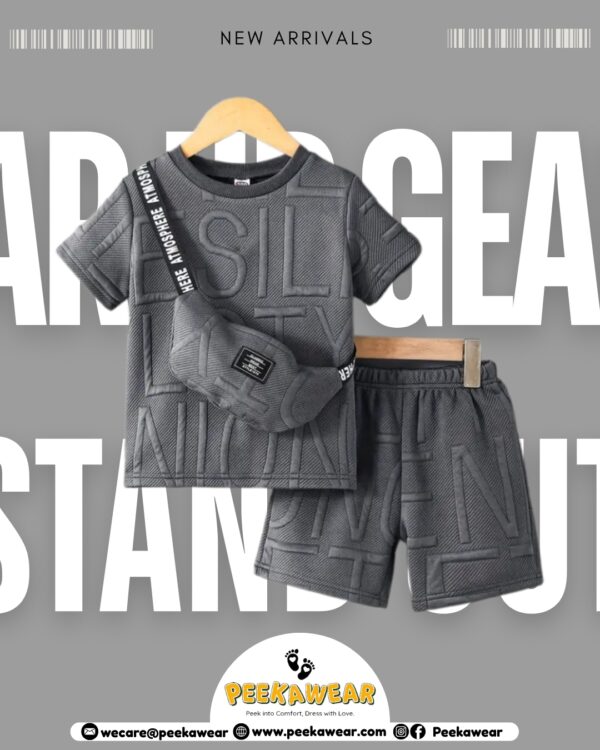 Boys Dark Grey Jacquard Alphabet Shorts, T-Shirt & Bag Set – Casual Knit Outfit for Spring/Fall