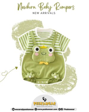 Baby Boys Light Green Frog Striped Romper with Paw Detail – Summer Cotton Knit Outfit