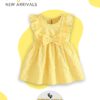 Girls Solid Yellow Ruffle Sleeve Frock with Embossed Flowers – Summer Woven Party Dress