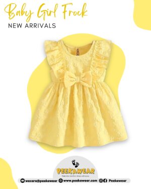 Girls Solid Yellow Ruffle Sleeve Frock with Embossed Flowers – Summer Woven Party Dress