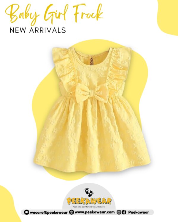 Girls Solid Yellow Ruffle Sleeve Frock with Embossed Flowers – Summer Woven Party Dress
