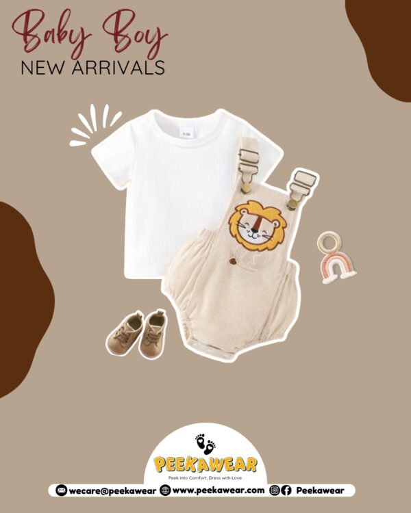 Infant Boy Dungaree Romper Set – Embroidered Lion Patch