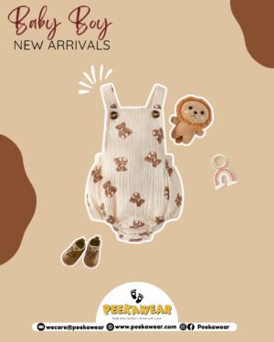 Infant Unisex Beige Bear Print Onesie – Cotton Woven Street Style Romper