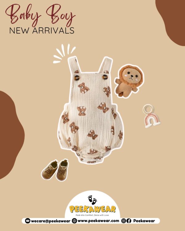 Infant Unisex Beige Bear Print Onesie – Cotton Woven Street Style Romper