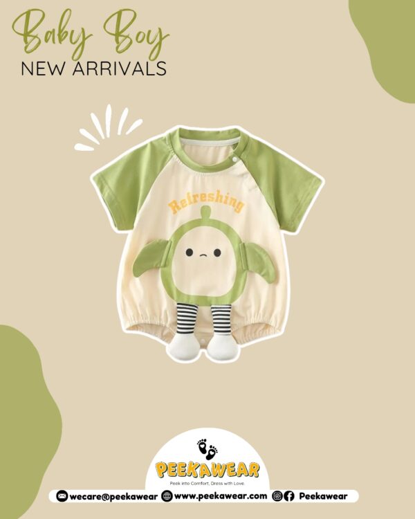 Baby Light Green Pear Print Romper Onesie – Cotton Knit Color Block Summer Outfit