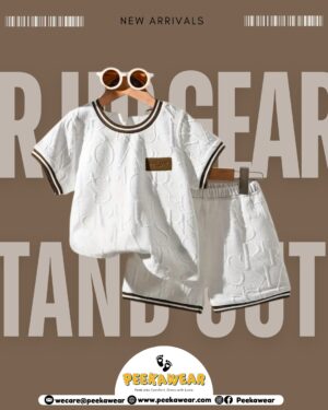 whit with brown trim White & Brown Trim Alphabet Embossed T-Shirt and Shorts Set – Casual Spring/Fall Outfit