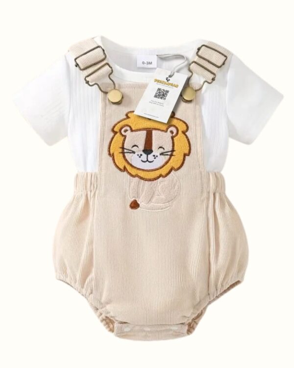 Infant Boy Dungaree Romper Set – Embroidered Lion Patch