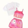 Girls Pink Fashion Set – Fishnet Letter Top, Neon Crop Top & Shorts | Street Style Summer Outfit
