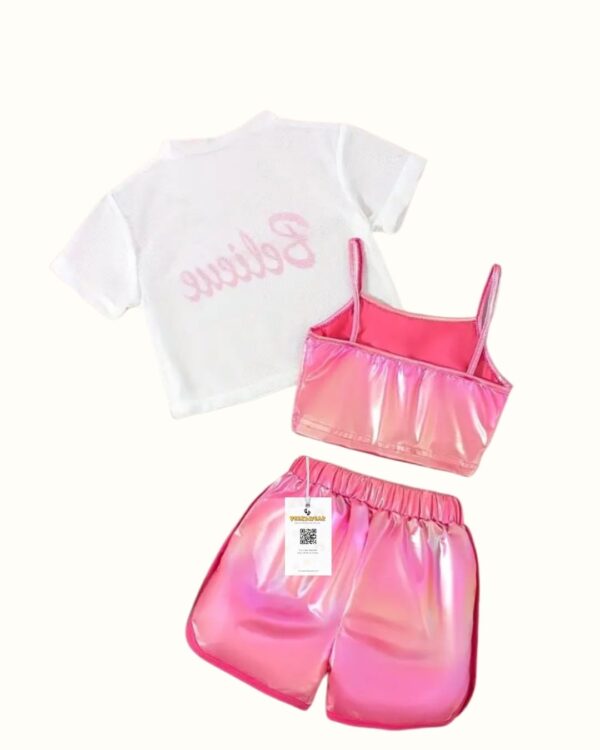 Girls Pink Fashion Set – Fishnet Letter Top, Neon Crop Top & Shorts | Street Style Summer Outfit