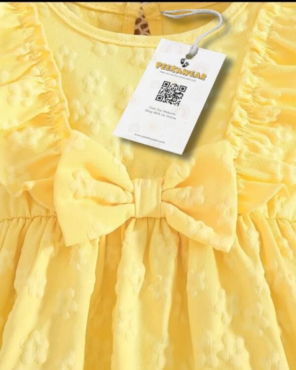 Girls Solid Yellow Ruffle Sleeve Frock with Embossed Flowers – Summer Woven Party Dress