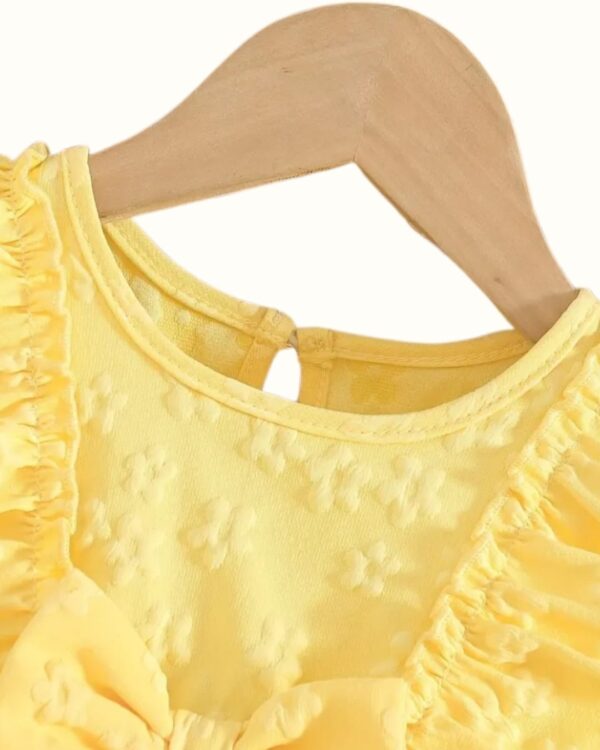 Girls Solid Yellow Ruffle Sleeve Frock with Embossed Flowers – Summer Woven Party Dress