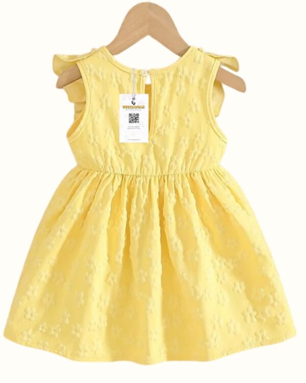 Girls Solid Yellow Ruffle Sleeve Frock with Embossed Flowers – Summer Woven Party Dress