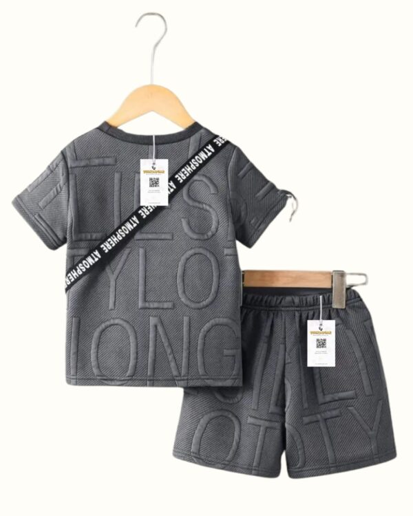 Boys Dark Grey Jacquard Alphabet Shorts, T-Shirt & Bag Set – Casual Knit Outfit for Spring/Fall