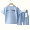 Boys Sky Blue Waffle Korean Style Short-Sleeved Suit – Summer Casual Knit T-Shirt & Shorts Set