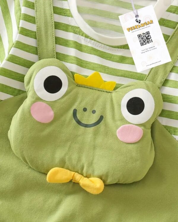 Baby Boys Light Green Frog Striped Romper with Paw Detail – Summer Cotton Knit Outfit