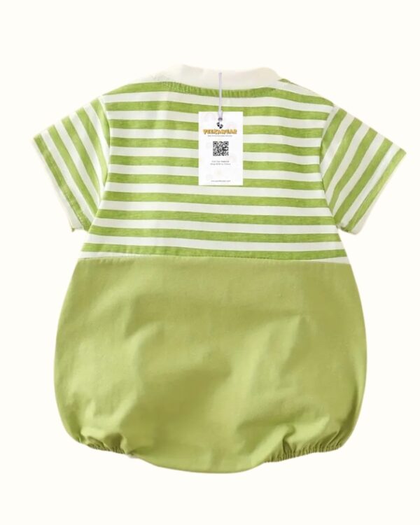 Baby Boys Light Green Frog Striped Romper with Paw Detail – Summer Cotton Knit Outfit