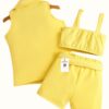Bright Yellow Lapel Vest Coat Set with High-Waisted Strap Shorts & Belt – Street Style Summer Outfit