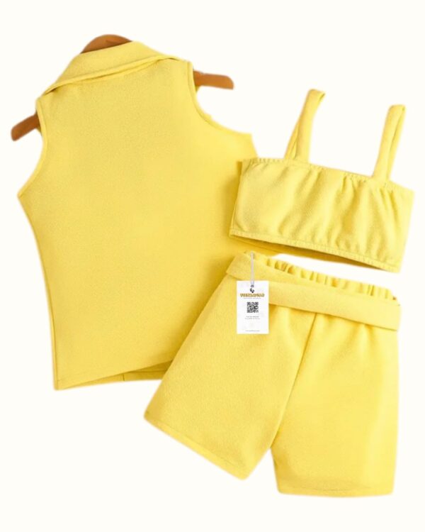 Bright Yellow Lapel Vest Coat Set with High-Waisted Strap Shorts & Belt – Street Style Summer Outfit