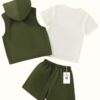 Army Green Hoodie, Shorts & Dinosaur Print T-Shirt Set for Boys – Summer Wear