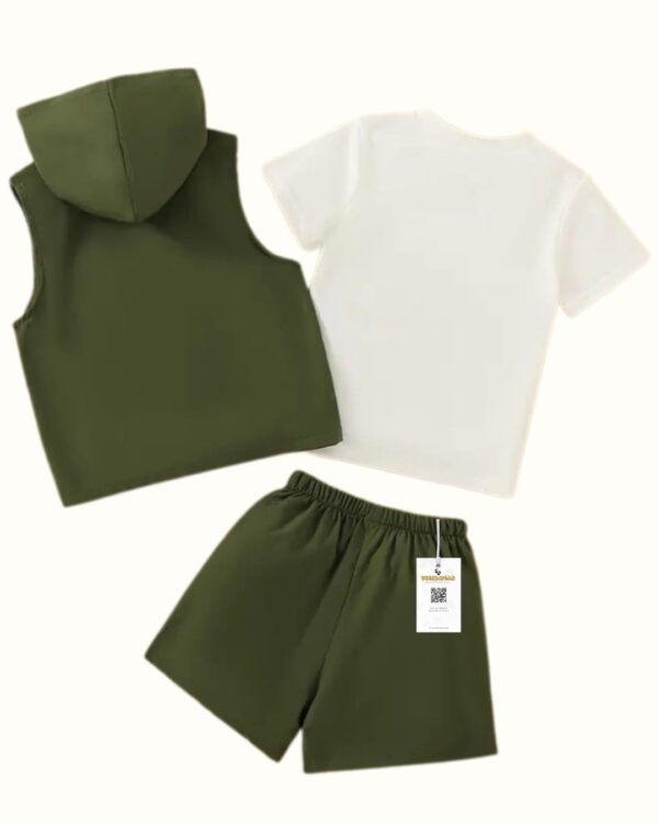 Army Green Hoodie, Shorts & Dinosaur Print T-Shirt Set for Boys – Summer Wear