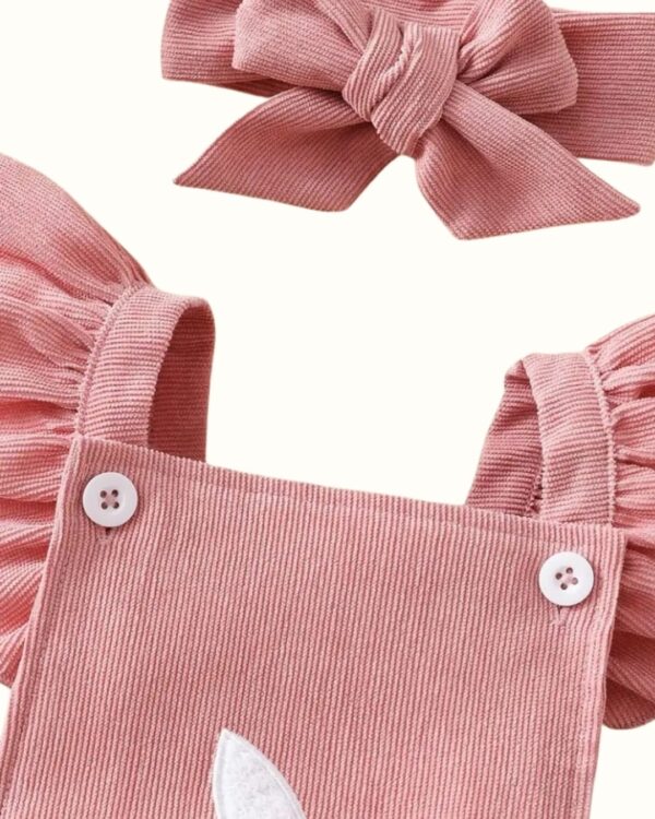 Baby Girls Tea Pink Onesie Romper with Bow – Embroidered Bunny Patch