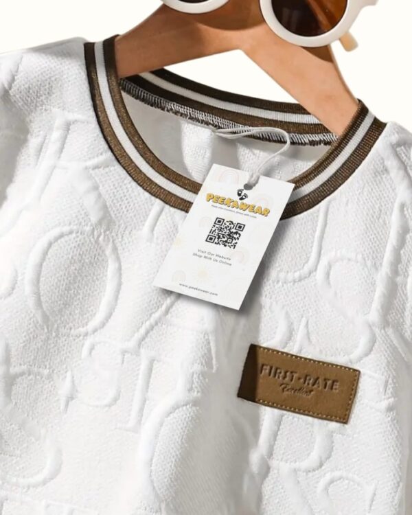 White & Brown Trim Alphabet Embossed T-Shirt and Shorts Set – Casual Spring/Fall Outfit