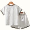 White & Brown Trim Alphabet Embossed T-Shirt and Shorts Set – Casual Spring/Fall Outfit