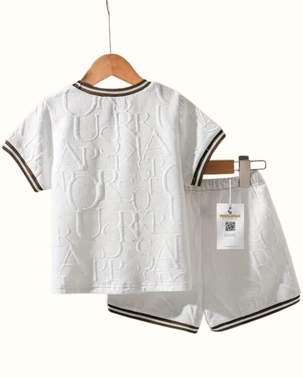 White & Brown Trim Alphabet Embossed T-Shirt and Shorts Set – Casual Spring/Fall Outfit
