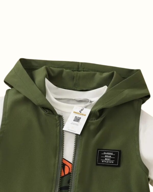 Army Green Hoodie, Shorts & Dinosaur Print T-Shirt Set for Boys – Summer Wear