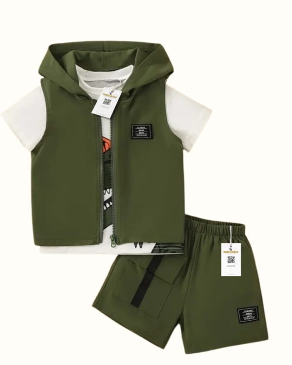 Army Green Hoodie, Shorts & Dinosaur Print T-Shirt Set for Boys – Summer Wear